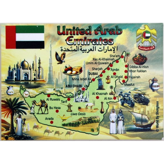United Arab Emirates (UAE) Graphic Map and Attractions Souvenir Fridge Magnet 2.5" X 3.5"
