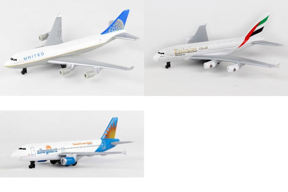 United, Emirates, Allegiant Airlines Diecast Airplane Package - Three 5.5" Diecast Model Planes