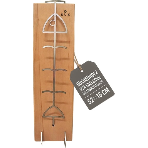 United Fire- Wooden Salmon Plank with Stainless Steel Holder Beech Wood Fish Board (19.7 x 6.3 x 1 in, 3.5 lbs) Adjustable, Reusable, Smoky Flavor for Fire Pits & Grills (Wood 1pc)