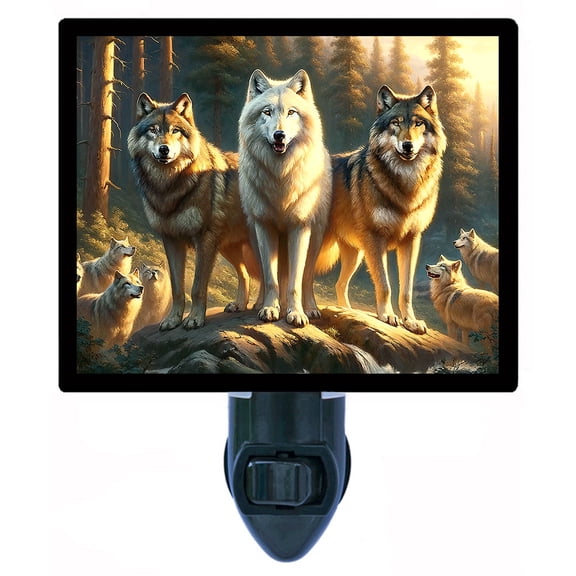 United Front Night Light Wolf Pack Standing Strong in Forest Sunlight, Majestic Wildlife Cabin Lodge Dcor Includes Free Switchable Insert