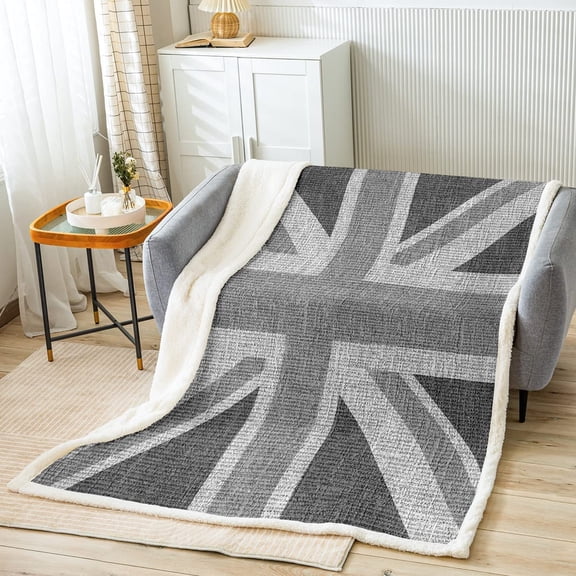 United Kingdom Flag Sherpa Blanket Union Jack Plush Blanket Grey UK Flag Fleece Throw Blanket for Kids Adults Geometric Fuzzy Blanket for Sofa Bed Couch, Soft Room Decor Throw 50x60 Inch