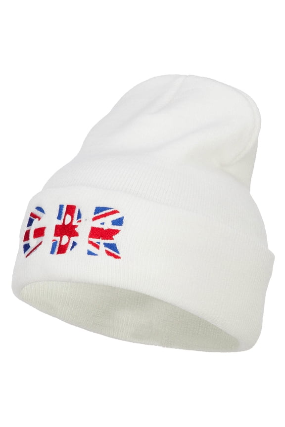 United Kingdom GBR Flag Embroidered Long Beanie - White OSFM