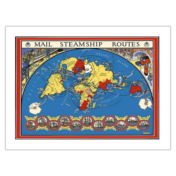 United Kingdom - International Postal Mail Steamship Routes - Vintage Pictorial Map by MacDonald (Max) Gill c.1937 - Bamboo Fine Art 290gsm Paper Print (Unframed) 18x24in