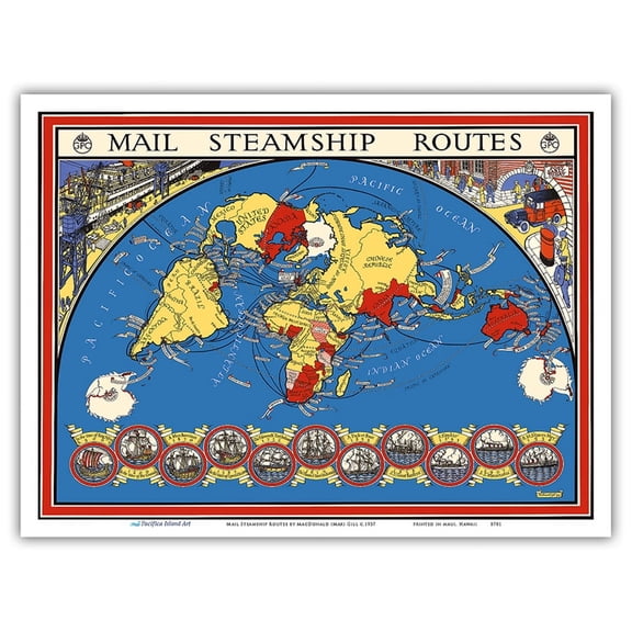 United Kingdom - International Postal Mail Steamship Routes - Vintage Pictorial Map by MacDonald (Max) Gill c.1937 - Master Art Print (Unframed) 9in x 12in