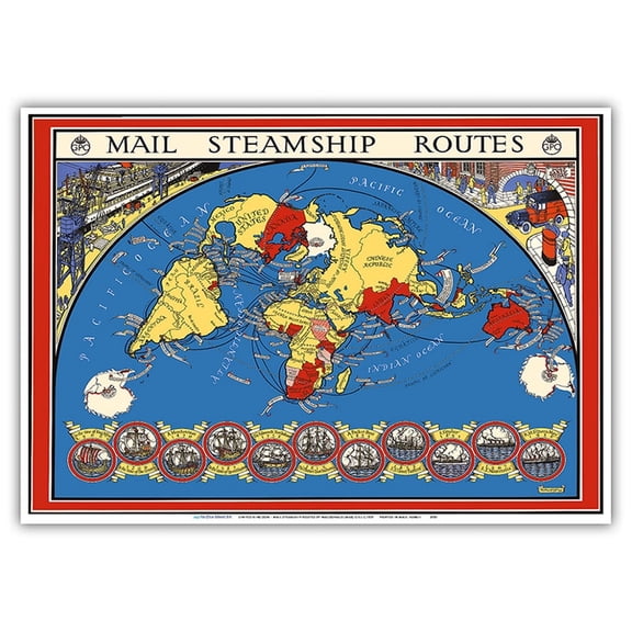 United Kingdom - International Postal Mail Steamship Routes - Vintage Pictorial Map by MacDonald (Max) Gill c.1937 - Master Art Print 10in x 14in
