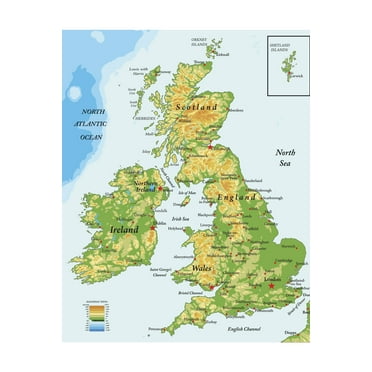 United Kingdom Ireland Scotland Topographical City Atlantic Ocean Map Cool Wall Art Print Poster 12x18