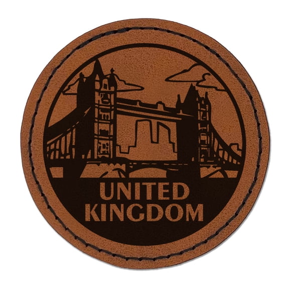 United Kingdom London Bridge Country Destination Travel Landmark Round Iron-On Engraved Faux Leather Patch Applique - 2.5 Inch - Brown