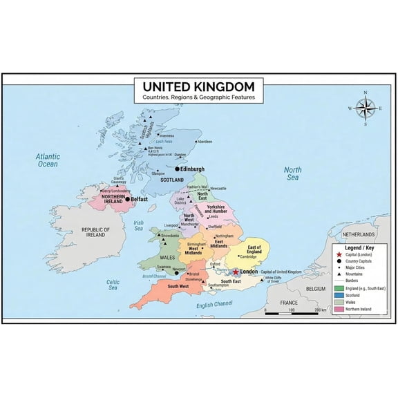 United Kingdom Poster 11x17 | Laminated Double-Sided Geography Chart with Color Map Front & Blank Outline Back | Reusable Classroom & Homeschool Learning Tool