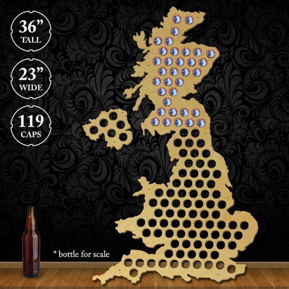 Torched United Kingdom XL Beer Cap Map Wall Mount Decor 36"x23"x0.25" Brown