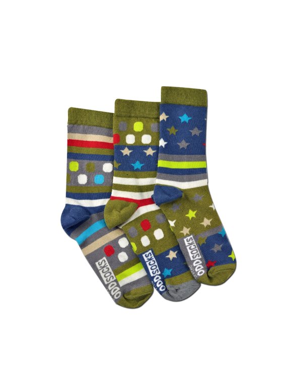 Fly Trio Mis-Matched Green Stars Spots Stripes US 12.5 - 7 Boy Socks