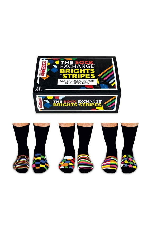 Set Of 6 Odd Socks For Men Brights & Stripes US 7-12 Gift Box
