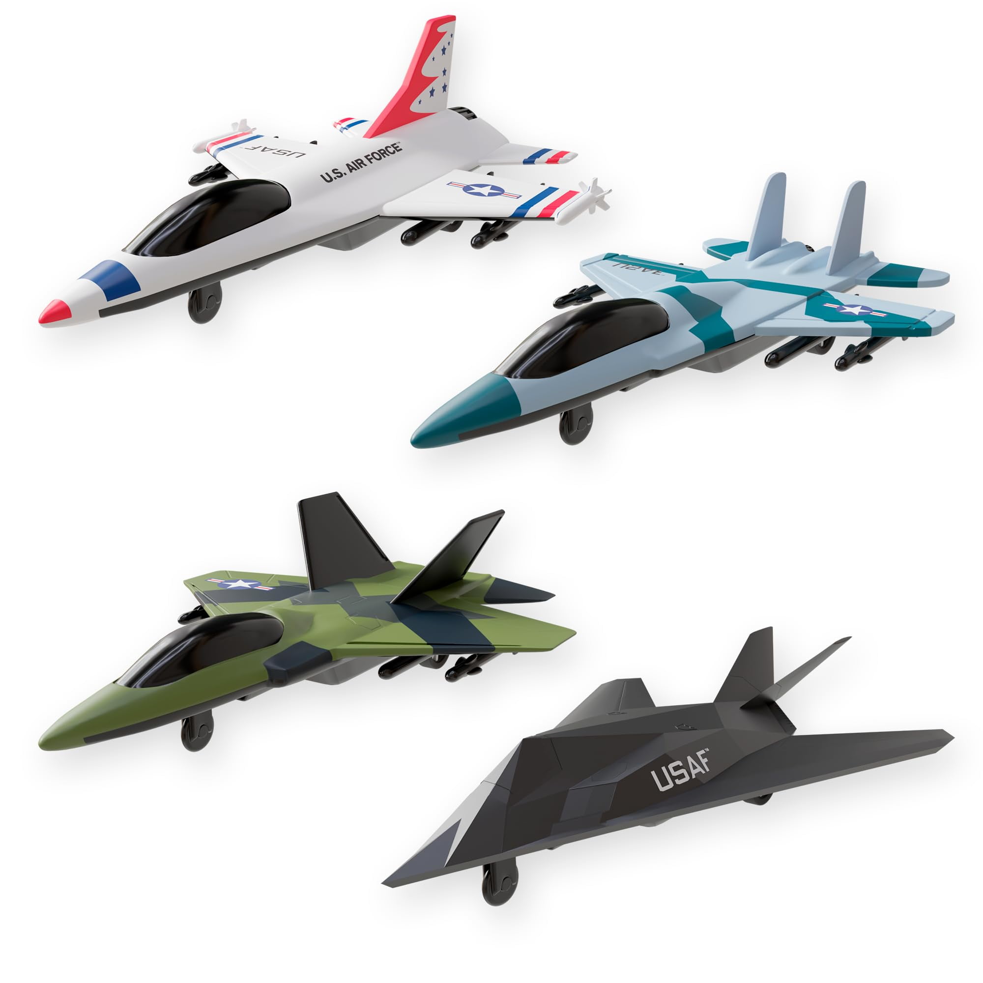 United Sates Air Force 4Pack Toy Jet Squadron Die Cast Airplanes, Pull