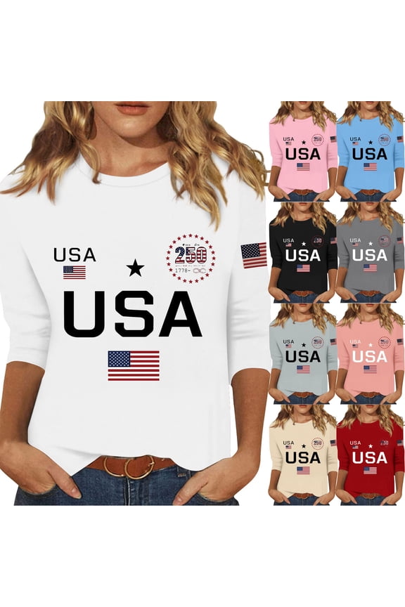 United States 250 Years Shirt Usa Flag Patriotic Top Women USA Shirt, USA Faith Wear United States American Flag Print Shirt, 3/4 Sleeve Usa Flag Sweatshirts Crewneck Shirt for Spring Autumn White L