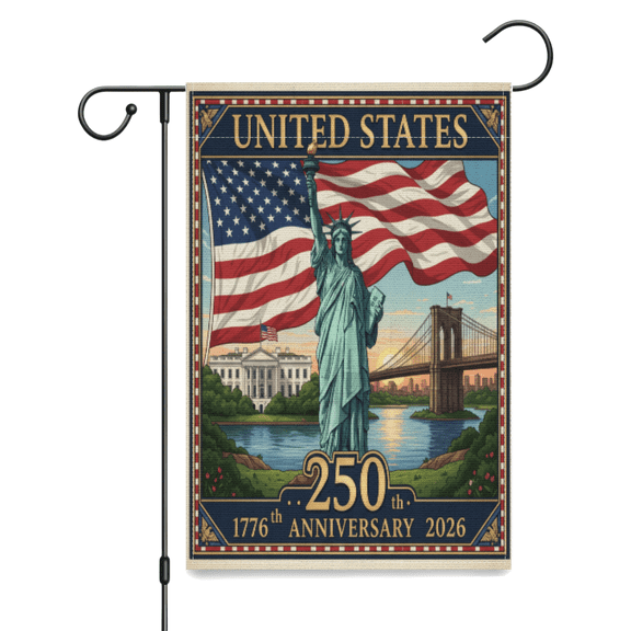 United States 250th Anniversary 1776-2026 Garden Flag, Statue of Liberty & US Landmarks Burlap Yard Decor