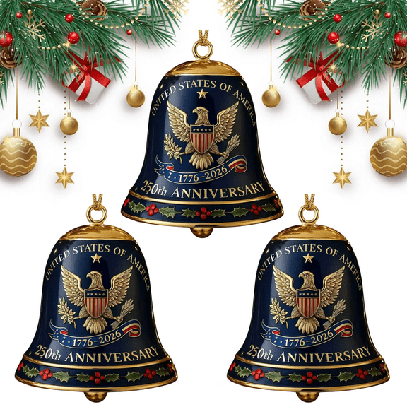 United States 250th Anniversary Bell Ornament, 250th Anniversary Metal Bell Ornament – 1776-2026 Red & Gold Patriotic Christmas Tree Hanging Decor, Shatterproof Holiday Ornament Gift (3PCS)