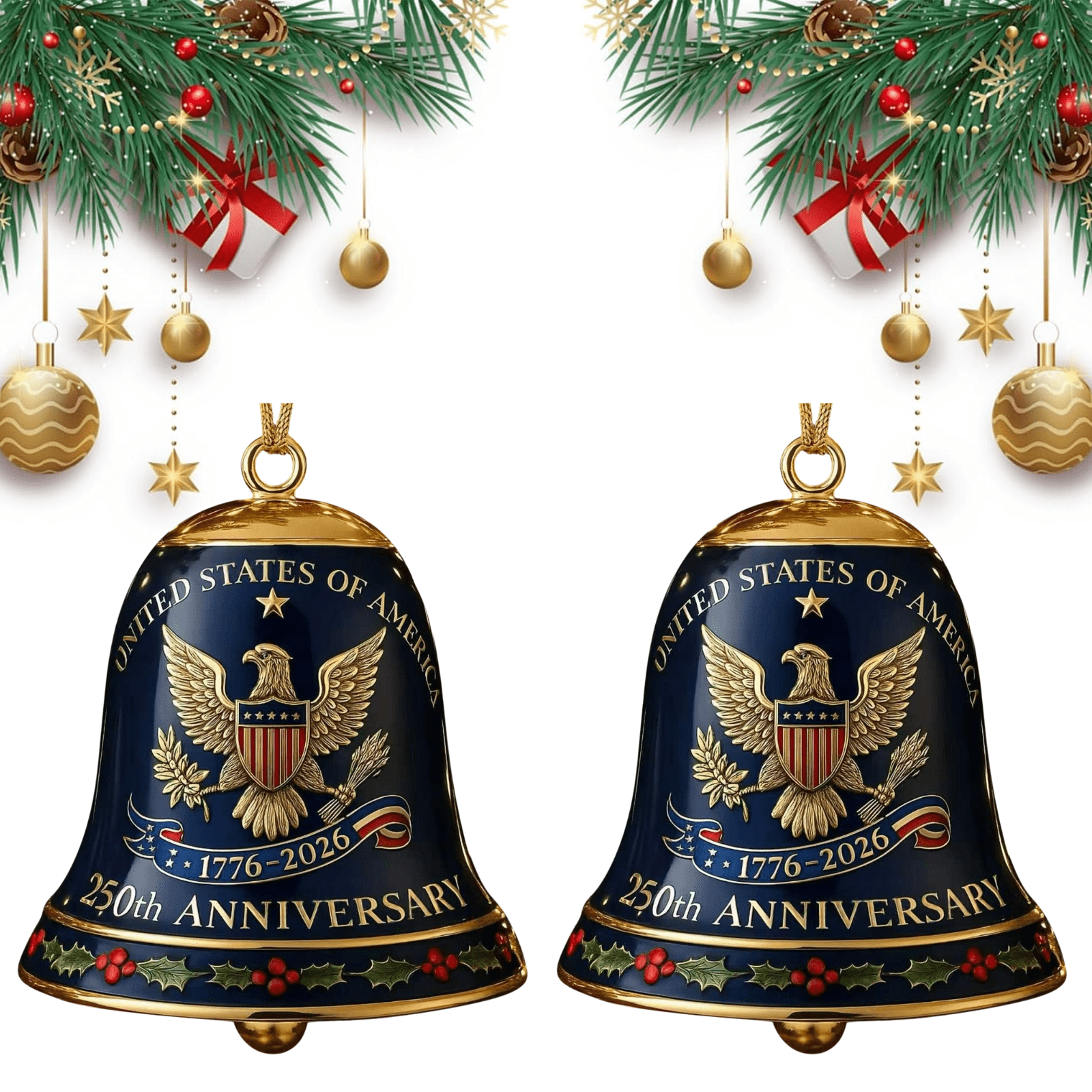 United States 250th Anniversary Bell Ornament, 250th Anniversary Metal Bell Ornament – 1776-2026 Red & Gold Patriotic Christmas Tree Hanging Decor, Shatterproof Holiday Ornament Gift (2PCS)