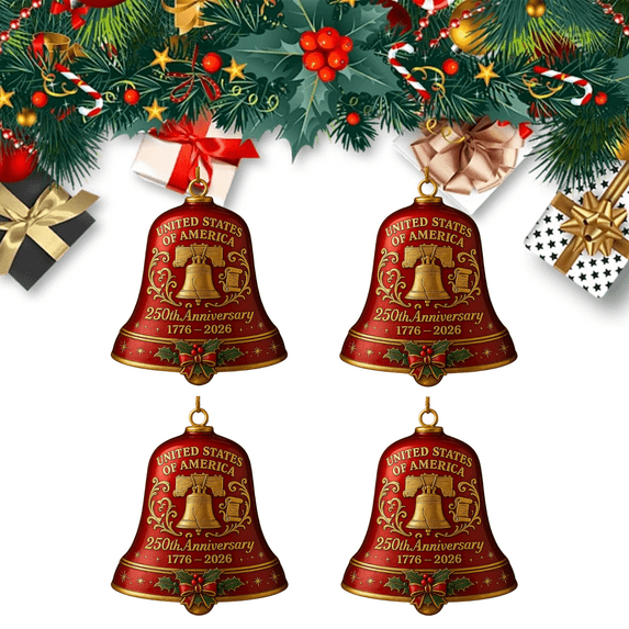United States 250th Anniversary Bell Ornament, 2D Flat Acrylic 250th Anniversary USA Bell Ornament, 250 USA Gold Founding Pendant Gifts, Hanging Decor for Patriotic Collectors, Christmas Tree (4PCS)