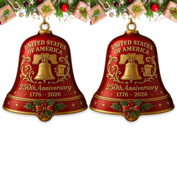 United States 250th Anniversary Bell Ornament, Patriotic 250th Anniversary USA Collectible, Commemorative Metal Bell for Christmas Tree Decor, Vintage Style Hanging Decoration for Indoor Outdoor Use