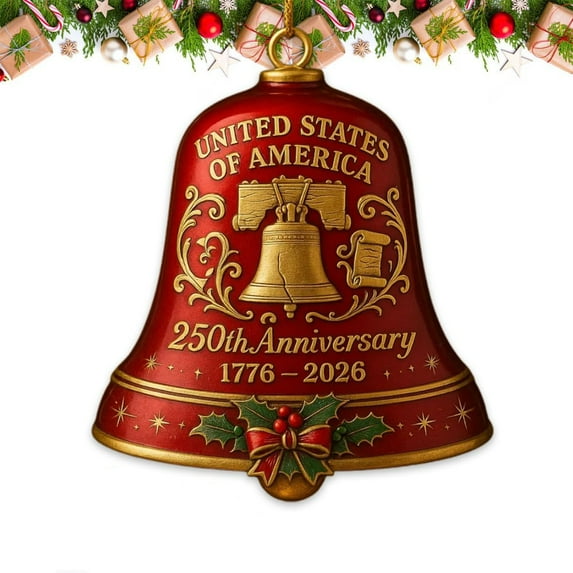 United States 250th Anniversary Bell Ornament, Patriotic 250th Anniversary USA Collectible, Commemorative Metal Bell for Christmas Tree Decor, Vintage Style Hanging Decoration for Indoor Outdoor Use