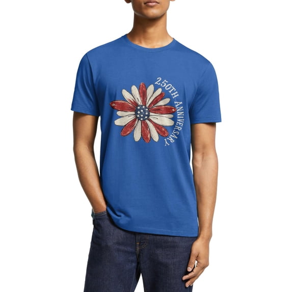 United States 250th Anniversary Blue Graphic T Shirts for Men, 1776-2026 Retro Flag Design Crewneck Tee with Heat Transfer Craft - L