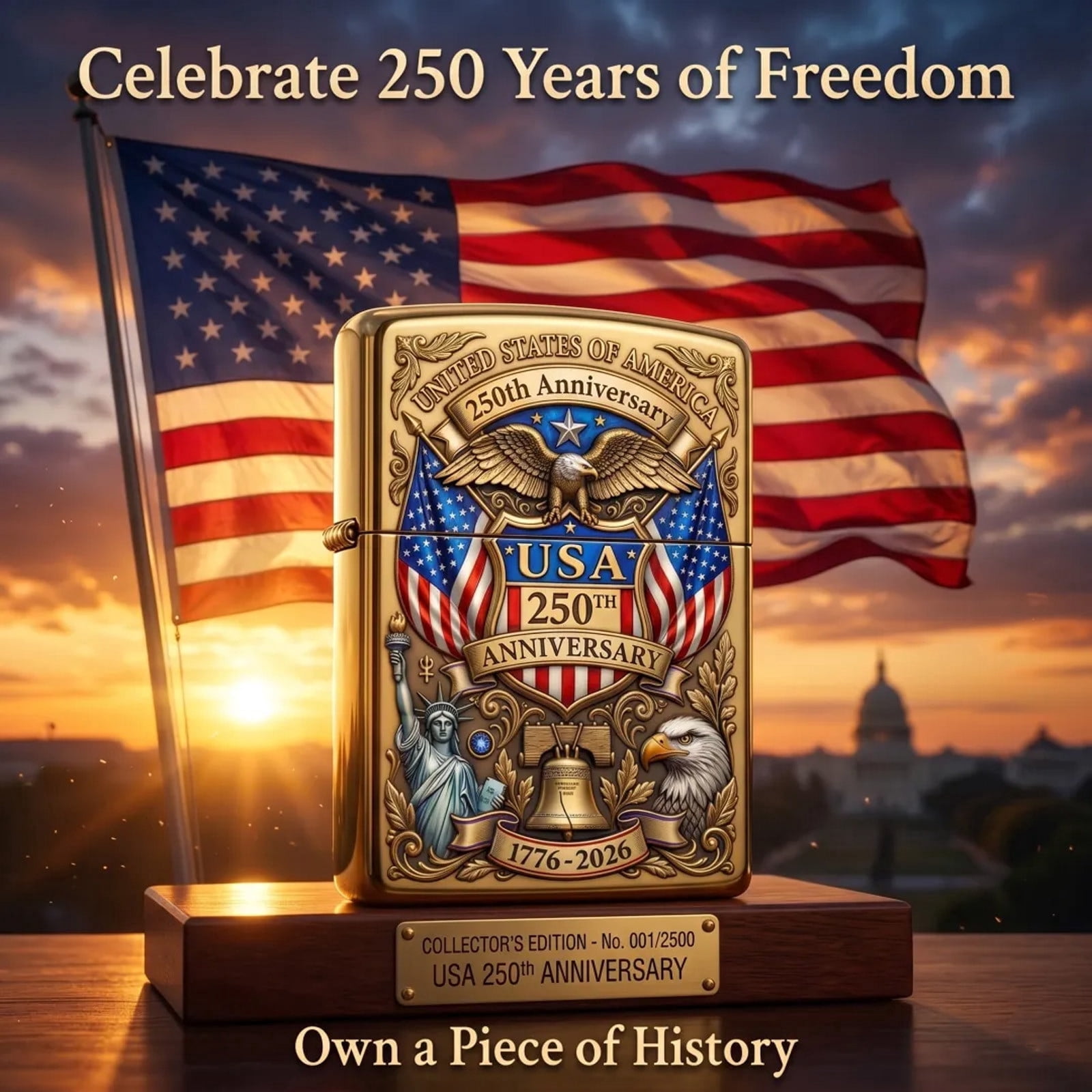 United States 250th Anniversary Lighter,2D Refillable Flip-Top 