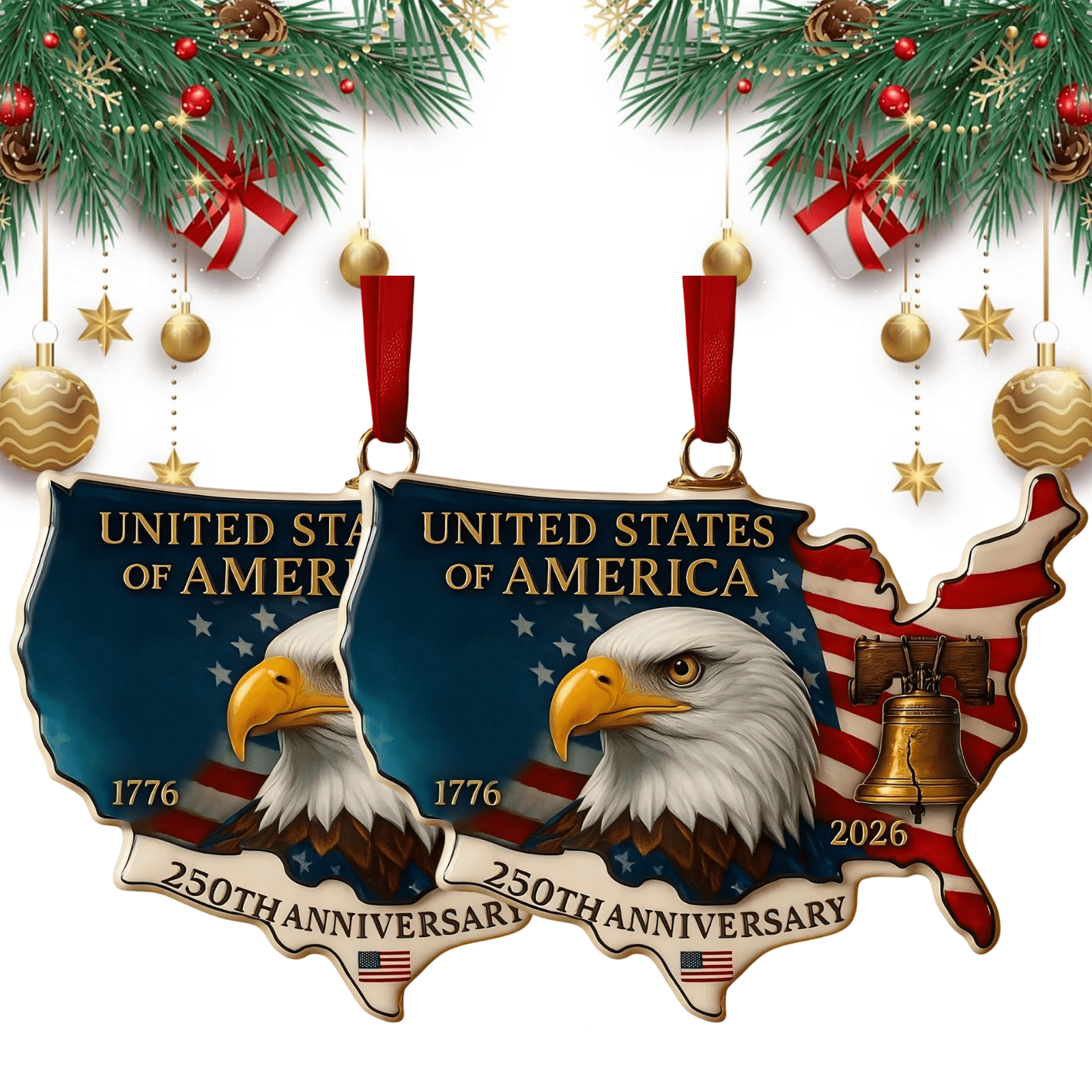 United States 250th Anniversary Ornament, 250 Years of The United States Commemorative Bald Eagle Hanging Decor, Christmas Tree Ornaments for USA Map (2PCS)