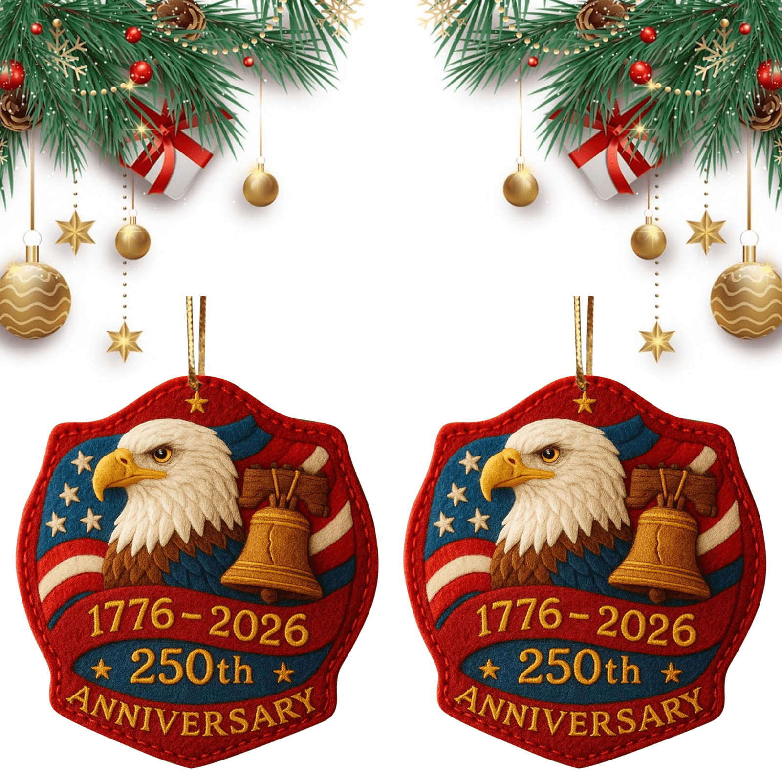 United States 250th Anniversary Ornaments, 250th Anniversary Acrylic Christmas Ornament – 1776-2026 Red & Gold Patriotic Christmas Tree Hanging Decor, Shatterproof Holiday Ornament Gift (2PCS)