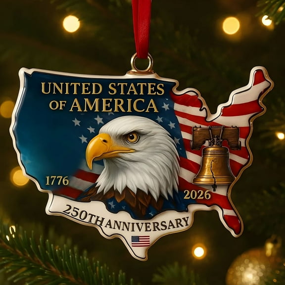United States 250th Anniversary Patriotic Ornament Red White Blue Map of USA Christmas Tree Hanging Decoration with Random Red or Gold Ribbon for Holiday Collectible
