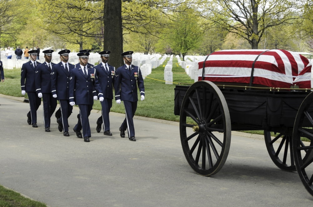United States Air Force Honor Guard members marching behind a caisson at Arlington National Cemetery Canvas Art - Stocktrek Images (34 x 23)