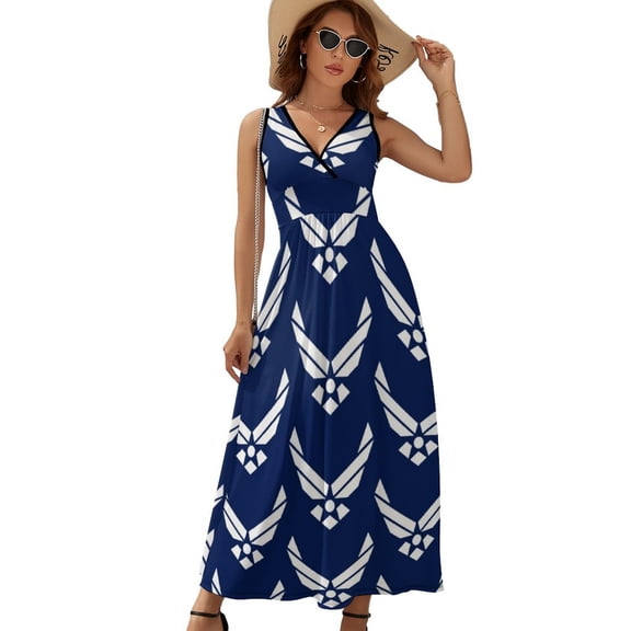 United States Air Force Logo, White Graphic Dress Summer Street Style Bohemia Long Dresses Female Sleeveless Printed Maxi Dress