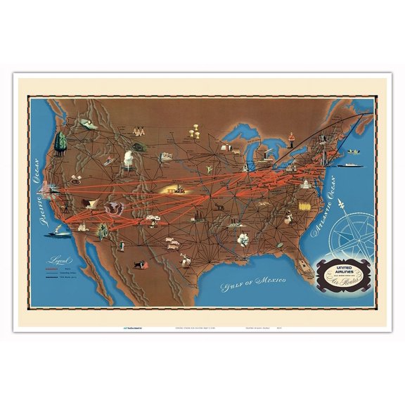 United States Air Routes Map - United Airlines - Vintage Airline Travel Poster c.1948 - Master Art Print (Unframed) 13in x 19in