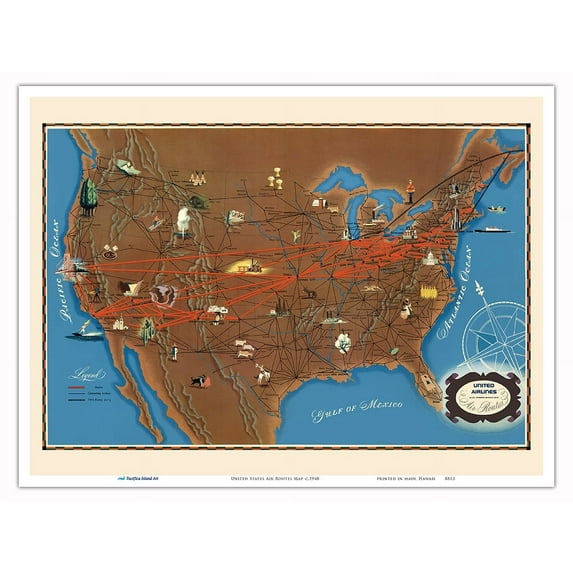 United States Air Routes Map - United Airlines - Vintage Airline Travel Poster c.1948 - Master Art Print (Unframed) 9in x 12in