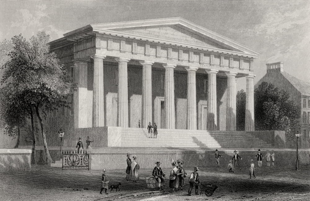 The United States Bank Philadelphia Usa From A 19Th Century Print Engraved By J Tingle After W H Bartlett Canvas Art - Ken Welsh Design Pics (34 x 22)