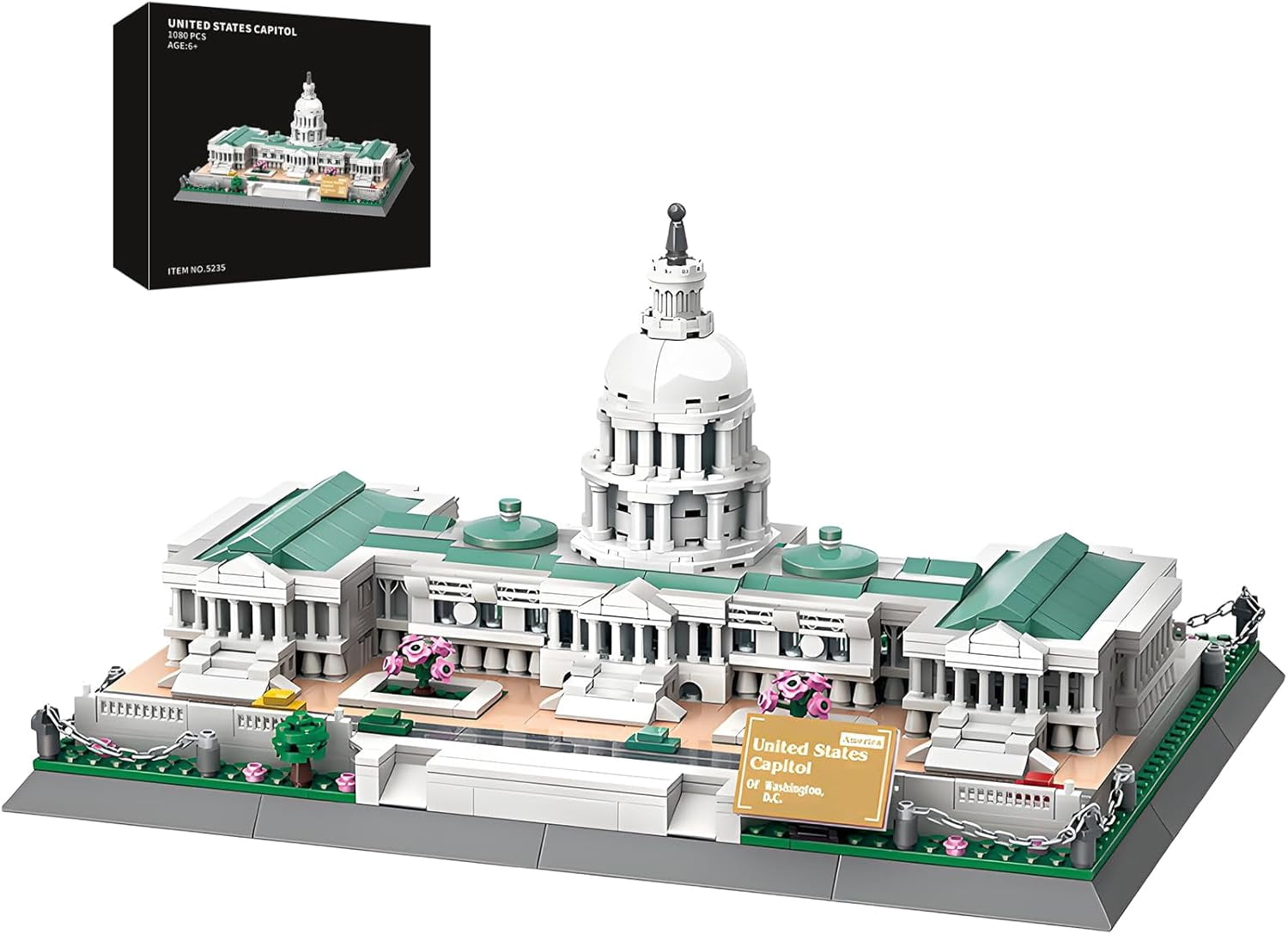 United States Capitol Building Blocks Set 1074 Pieces Washington D.C. Architecture Model Kit with Nameplate & Chain Fence USA Landmark Souvenir Gift Construction Toy