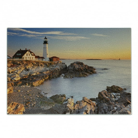United States Cutting Board, Cape Elizabeth Maine River Portland Lighthouse Sunrise USA Coast Scenery, Decorative Tempered Glass Cutting and Serving Board, Small Size, Blue Tan, by Ambesonne