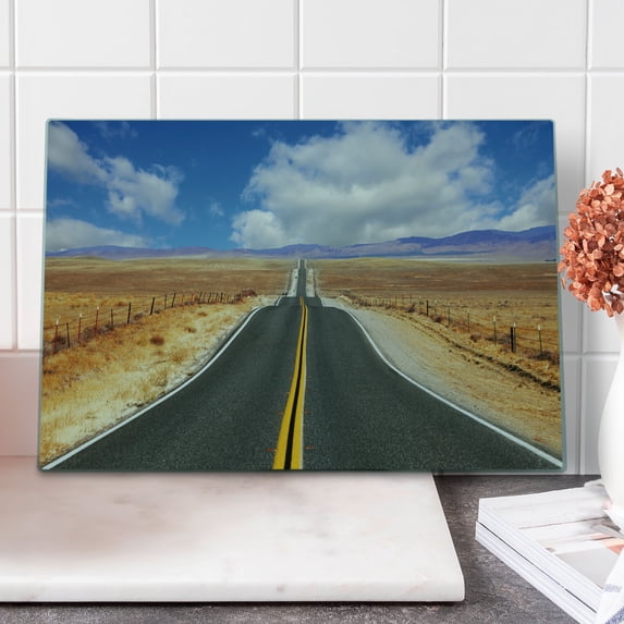 United States Cutting Board, Highway in California Steppe and Clouds Asphalt Road Horizon Hills Journey, Decorative Tempered Glass Cutting and Serving Board, Large Size, Multicolor, by Ambesonne