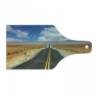 United States Cutting Board, Highway in California Steppe and Clouds Asphalt Road Horizon Hills Journey, Tempered Glass Cutting and Serving Board, Wine Bottle Shape, Multicolor, by Ambesonne