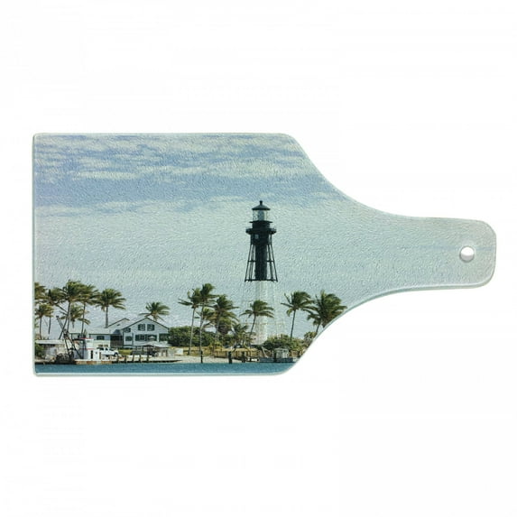 United States Cutting Board, Hillsboro Lighthouse Pompano Beach Florida Atlantic Ocean Palms Coast, Tempered Glass Cutting and Serving Board, Wine Bottle Shape, Blue White Green, by Ambesonne