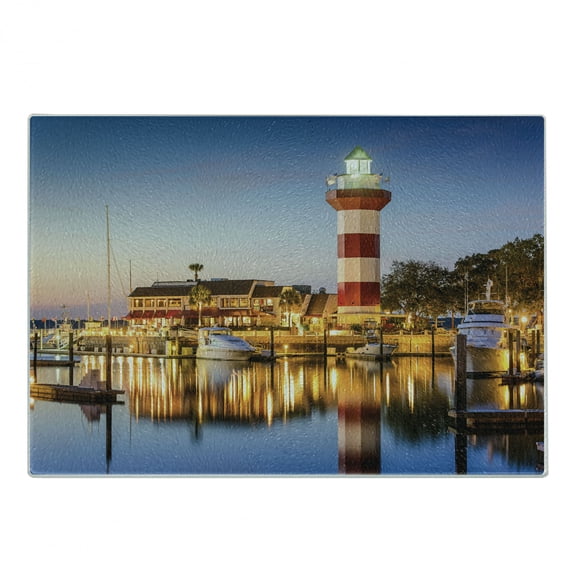 United States Cutting Board, Hilton Head South Carolina Lighthouse Twilight Water Reflection Boats Idyllic, Decorative Tempered Glass Cutting and Serving Board, Small Size, Multicolor, by Ambesonne
