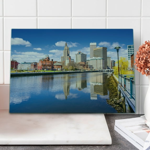 United States Cutting Board, Providence Rhode Island Riverfront Spring Season Water Reflection Buildings, Decorative Tempered Glass Cutting and Serving Board, Large Size, Multicolor, by Ambesonne