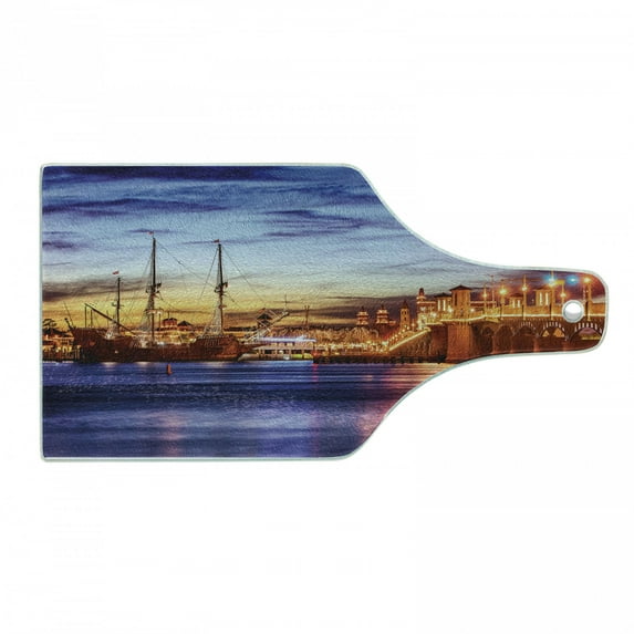 United States Cutting Board, St. Augustine Florida Famous Bridge of Lions Dreamy Sunset Majestic, Tempered Glass Cutting and Serving Board, Wine Bottle Shape, Orange Blue Coral, by Ambesonne