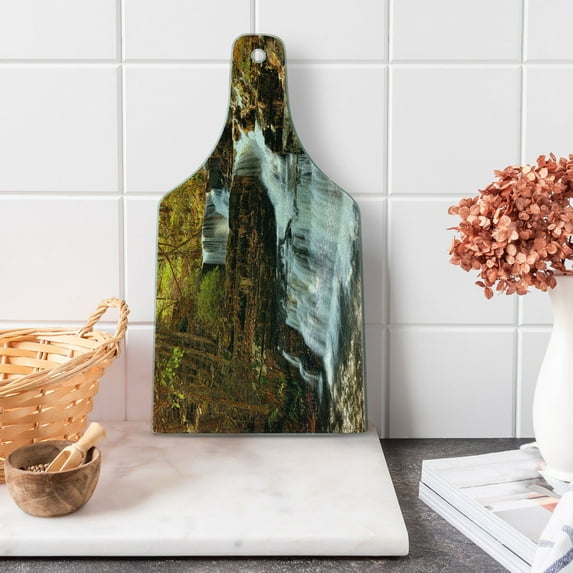 United States Cutting Board, Upper Falls at Delaware Water Gap Autumn Nature Forest Scenery Cascade, Tempered Glass Cutting and Serving Board, Wine Bottle Shape, Brown Green White, by Ambesonne
