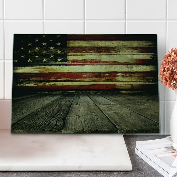 United States Cutting Board, Vintage Art American Flag on Wooden Planks Wall Background Grunge Print, Decorative Tempered Glass Cutting and Serving Board, Large Size, Cream and Red, by Ambesonne