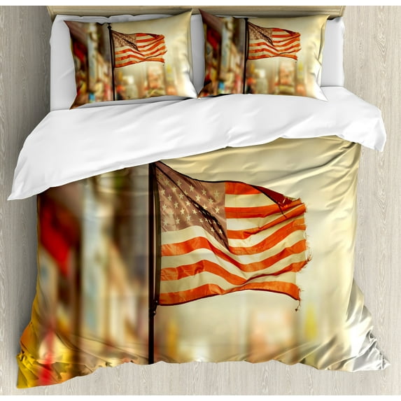 United States Duvet Cover Set, American Flag Waving in City National Independence Day Celebration Theme, Decorative 3 Piece Bedding Set with 2 Pillow Shams, Queen Size, Sepia Red Blue, by Ambesonne