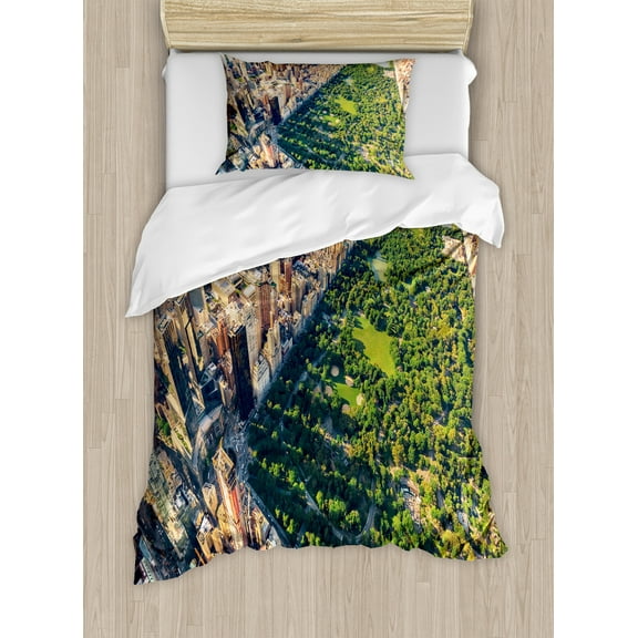 United States Duvet Cover Set, Central Park from the Air Surrounded by Buildings Downtown View, Decorative 2 Piece Bedding Set with 1 Pillow Shams, Twin Size, Fern Green Sand Brown, by Ambesonne