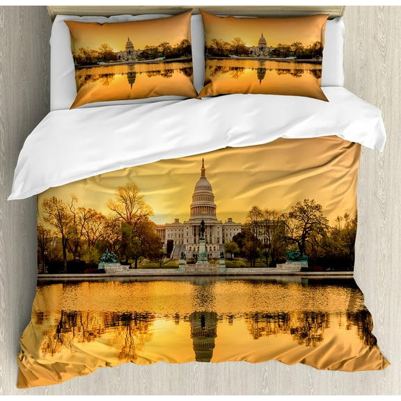 United States Duvet Cover Set, DC American Capital City White House Above the Lake Landscape Artwork, Decorative 3 Piece Bedding Set with 2 Pillow Shams, Calking Size, Apricot and Ginger, by Ambesonne