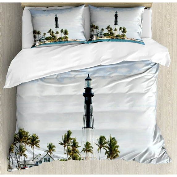 United States Duvet Cover Set, Hillsboro Lighthouse Pompano Beach Florida Atlantic Ocean Palms Coast, Decorative 3 Piece Bedding Set with 2 Pillow Shams, Queen Size, Blue White Green, by Ambesonne
