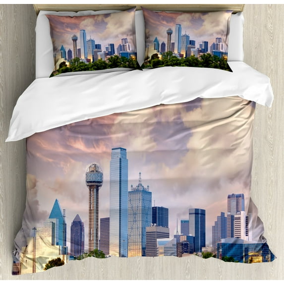 United States Duvet Cover Set King Size, Dallas City Skyline at Sunset Clouds Texas Highrise Skyscrapers Landmark, Decorative 3 Piece Bedding Set with 2 Pillow Shams, Multicolor, by Ambesonne