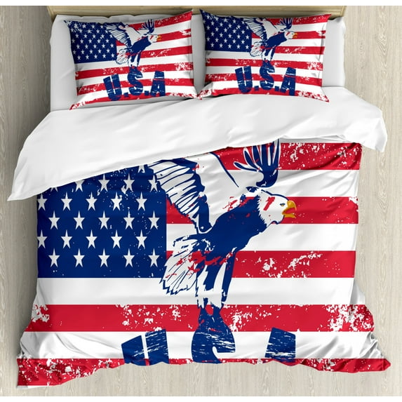 United States Duvet Cover Set King Size, Grunge Looking American National Flag with Eagle and USA Artistic Print, Decorative 3 Piece Bedding Set with 2 Pillow Shams, Navy White Red, by Ambesonne