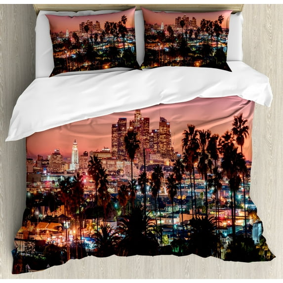 United States Duvet Cover Set King Size, Vibrant Sunset Twilight Scenery Los Angeles Famous Downtown with Palm Trees, Decorative 3 Piece Bedding Set with 2 Pillow Shams, Multicolor, by Ambesonne